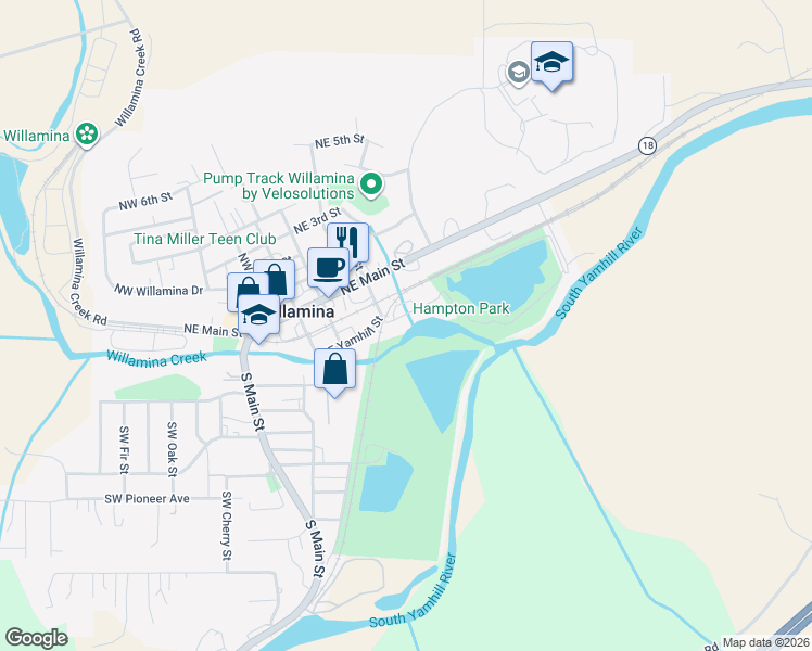 map of restaurants, bars, coffee shops, grocery stores, and more near 453 Northeast Yamhill Street in Willamina