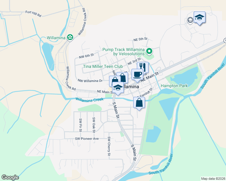 map of restaurants, bars, coffee shops, grocery stores, and more near 142 Northeast Main Street in Willamina
