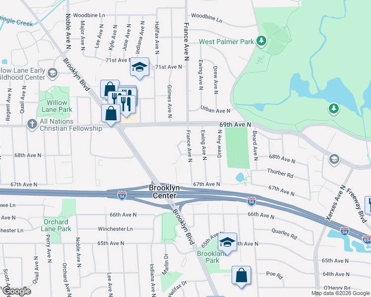 map of restaurants, bars, coffee shops, grocery stores, and more near 6760 Grimes Place North in Brooklyn Center