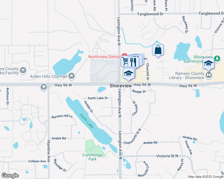 map of restaurants, bars, coffee shops, grocery stores, and more near 4526 Pleasant Drive in Arden Hills