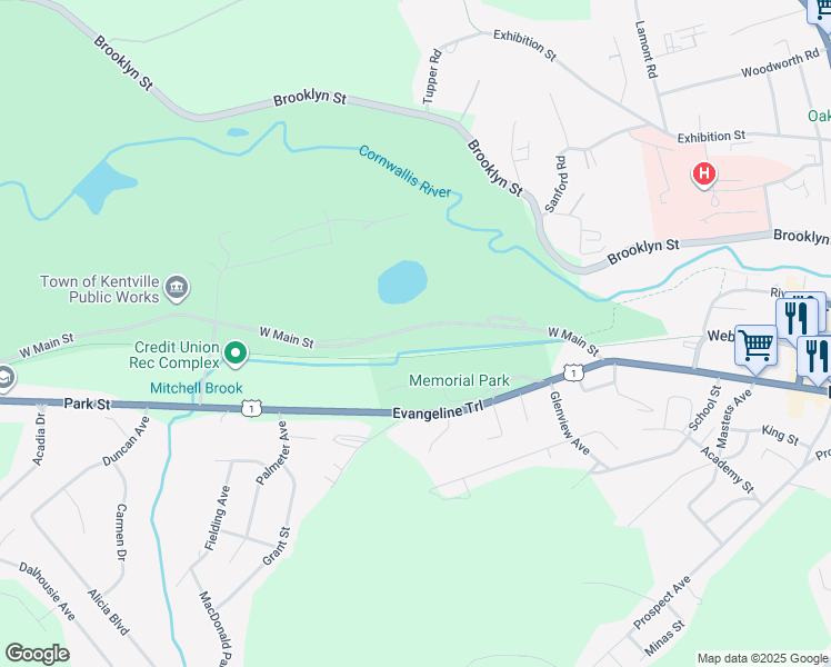 map of restaurants, bars, coffee shops, grocery stores, and more near 678 West Main Street in Kentville