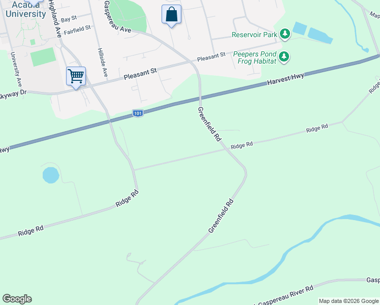 map of restaurants, bars, coffee shops, grocery stores, and more near 1305 Ridge Road in Wolfville