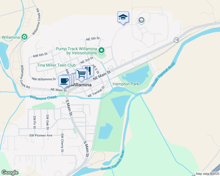 map of restaurants, bars, coffee shops, grocery stores, and more near 453 Northeast Yamhill Street in Willamina
