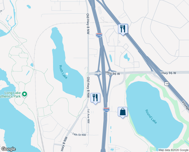 map of restaurants, bars, coffee shops, grocery stores, and more near in Mounds View