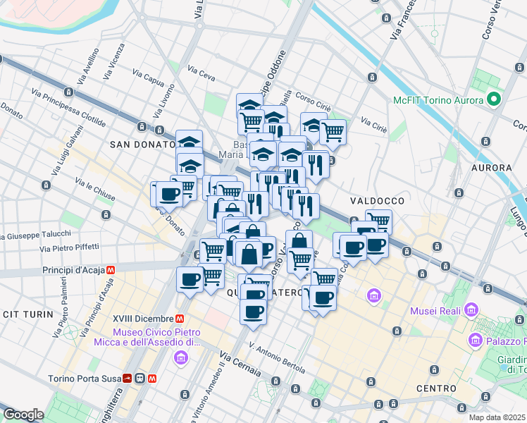 map of restaurants, bars, coffee shops, grocery stores, and more near 18 Corso Principe Eugenio in Torino