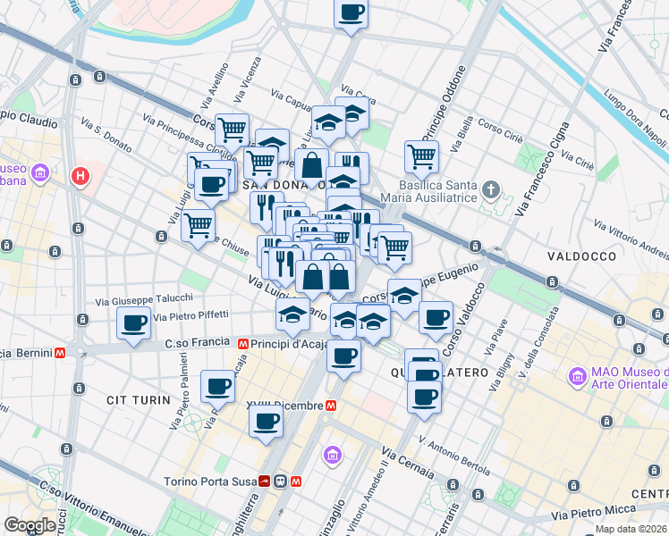 map of restaurants, bars, coffee shops, grocery stores, and more near 13 Via Vincenzo Maria Miglietti in Turin