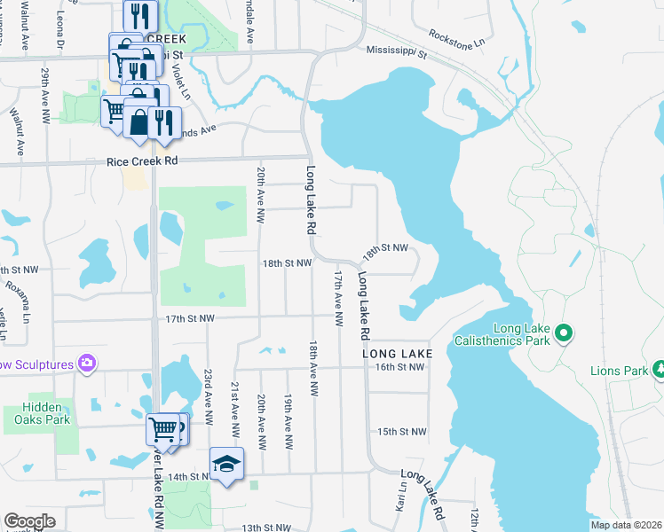 map of restaurants, bars, coffee shops, grocery stores, and more near 1811 Long Lake Road in New Brighton