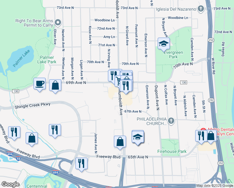 map of restaurants, bars, coffee shops, grocery stores, and more near 6840 North Humboldt Avenue in Minneapolis