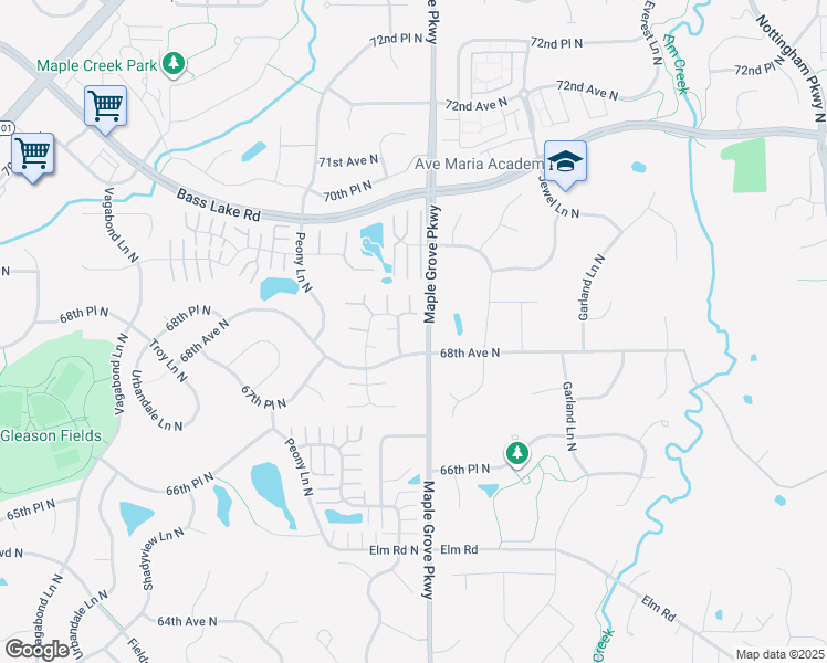 map of restaurants, bars, coffee shops, grocery stores, and more near 17510 68th Place North in Osseo