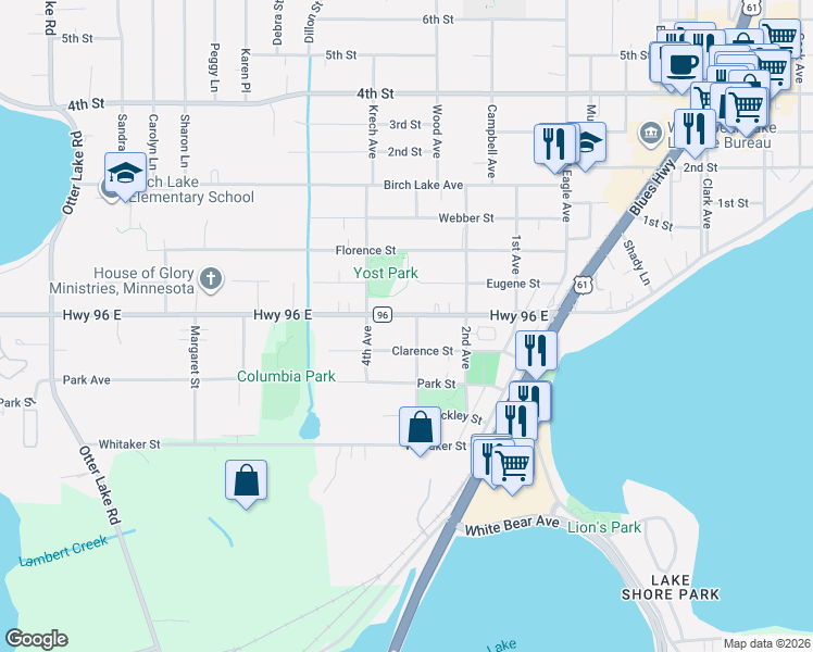 map of restaurants, bars, coffee shops, grocery stores, and more near 1859 County Highway 96 in White Bear Lake