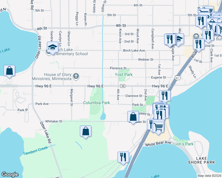 map of restaurants, bars, coffee shops, grocery stores, and more near 1825 Highway 96 East in Saint Paul