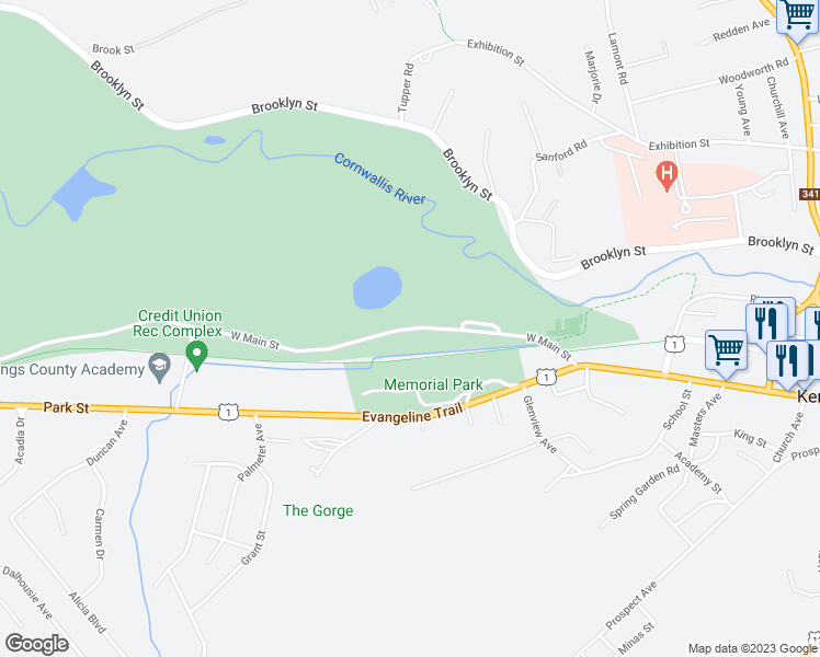 map of restaurants, bars, coffee shops, grocery stores, and more near 669 West Main Street in Kentville