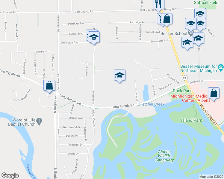 map of restaurants, bars, coffee shops, grocery stores, and more near 411 Long Rapids Plaza in Alpena