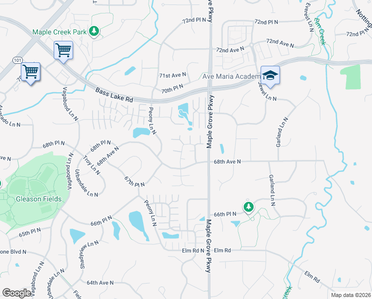 map of restaurants, bars, coffee shops, grocery stores, and more near 6842 Narcissus Lane North in Maple Grove