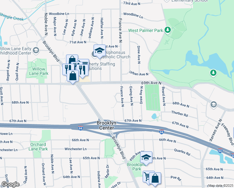 map of restaurants, bars, coffee shops, grocery stores, and more near 3955 69th Avenue North in Minneapolis