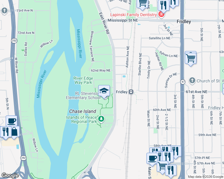 map of restaurants, bars, coffee shops, grocery stores, and more near in Fridley