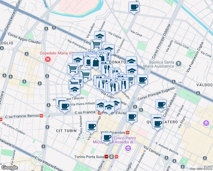 map of restaurants, bars, coffee shops, grocery stores, and more near 28 Via le Chiuse in Turin