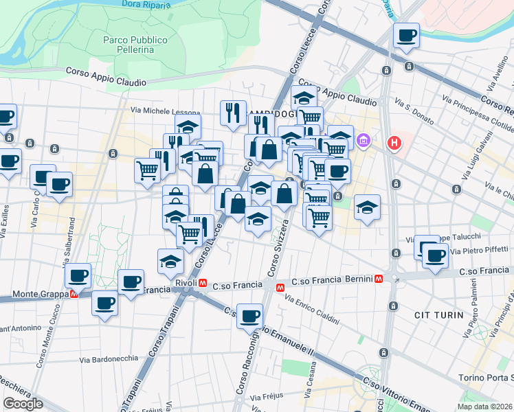 map of restaurants, bars, coffee shops, grocery stores, and more near 66 Via Giacomo Medici in Turin