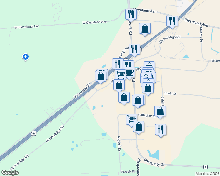map of restaurants, bars, coffee shops, grocery stores, and more near 1360 Old Peshtigo Road in Marinette