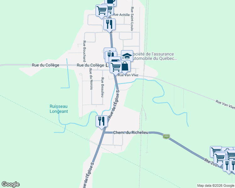 map of restaurants, bars, coffee shops, grocery stores, and more near 28 Rue de l'Église Sud in Lacolle