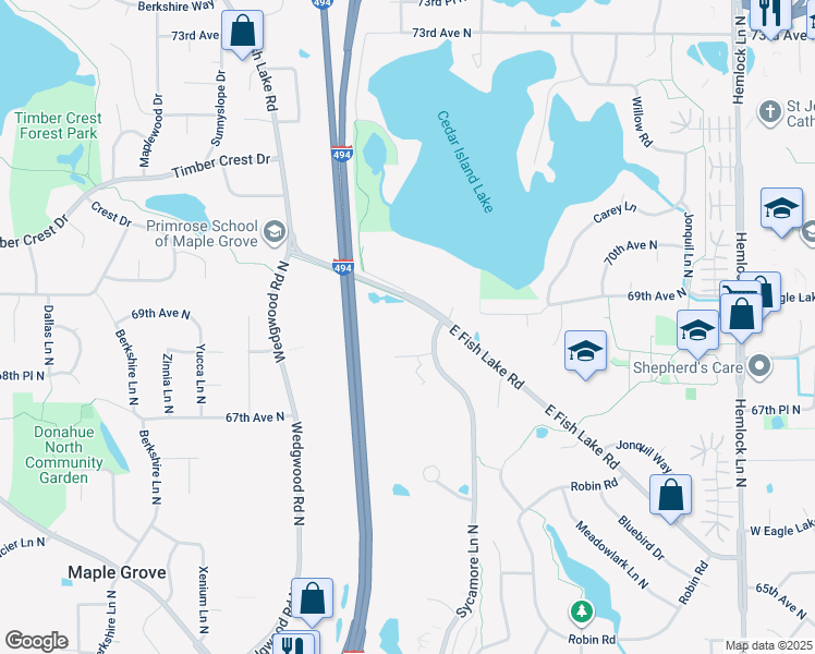 map of restaurants, bars, coffee shops, grocery stores, and more near 6905 East Fish Lake Road in Maple Grove