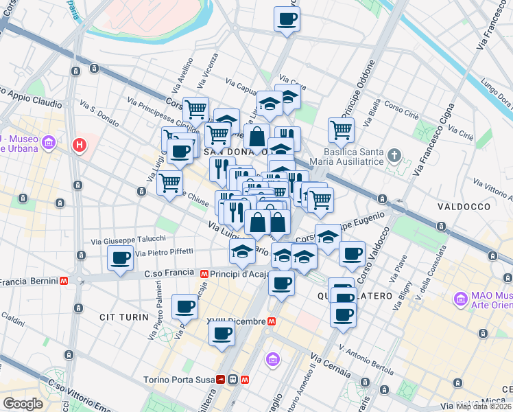 map of restaurants, bars, coffee shops, grocery stores, and more near 13 Via Vincenzo Maria Miglietti in Turin
