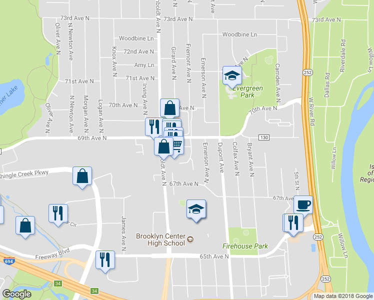 map of restaurants, bars, coffee shops, grocery stores, and more near 1309 68th Lane North in Brooklyn Center