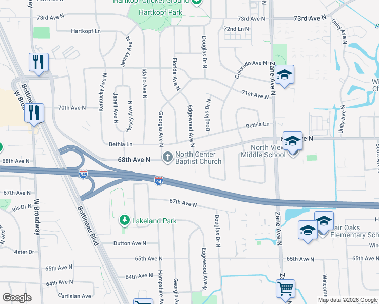 map of restaurants, bars, coffee shops, grocery stores, and more near 6400 68th Avenue North in Minneapolis