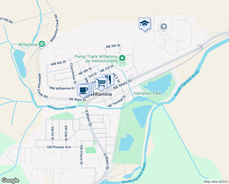 map of restaurants, bars, coffee shops, grocery stores, and more near 313 Northeast Main Street in Willamina