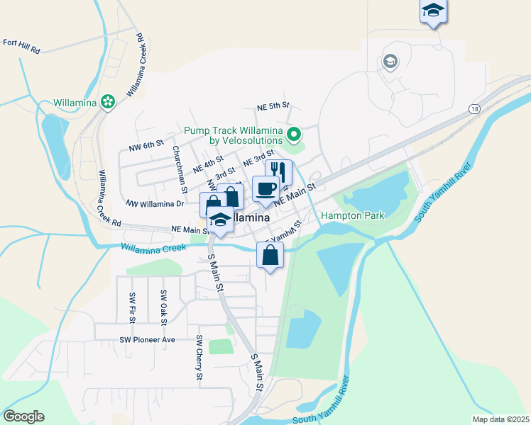 map of restaurants, bars, coffee shops, grocery stores, and more near 313 Northeast Main Street in Willamina