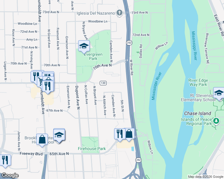 map of restaurants, bars, coffee shops, grocery stores, and more near 601 69th Avenue North in Brooklyn Center