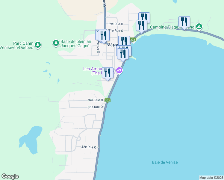 map of restaurants, bars, coffee shops, grocery stores, and more near in Venise-en-Québec