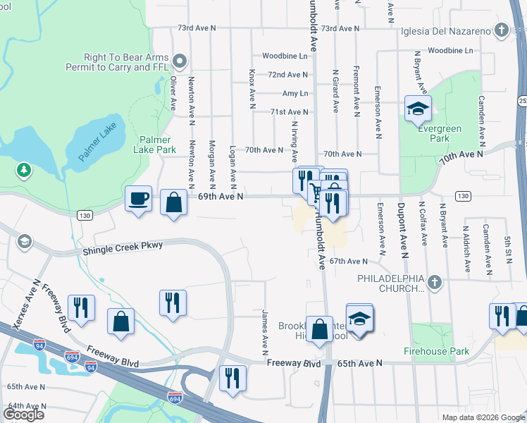 map of restaurants, bars, coffee shops, grocery stores, and more near 1613 68th Lane North in Brooklyn Center