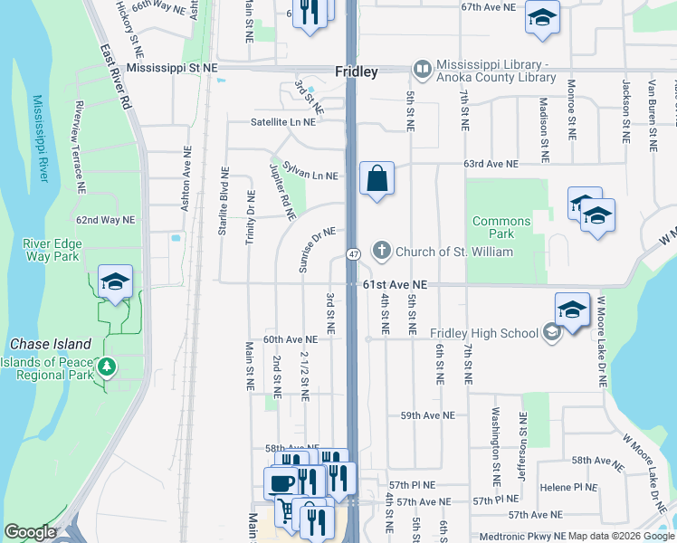 map of restaurants, bars, coffee shops, grocery stores, and more near 6111 Star Lane Northeast in Minneapolis