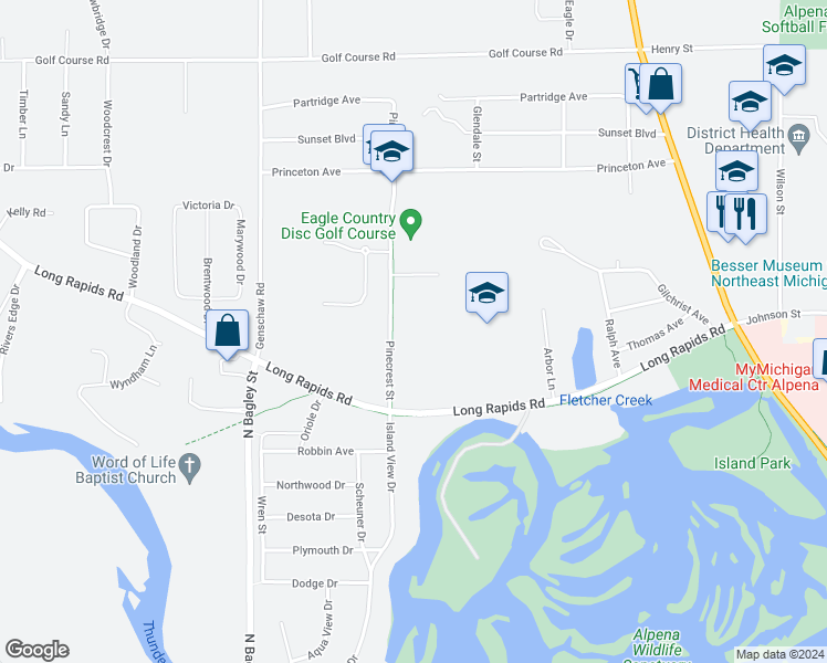 map of restaurants, bars, coffee shops, grocery stores, and more near 101-399 Pinecrest Street in Alpena