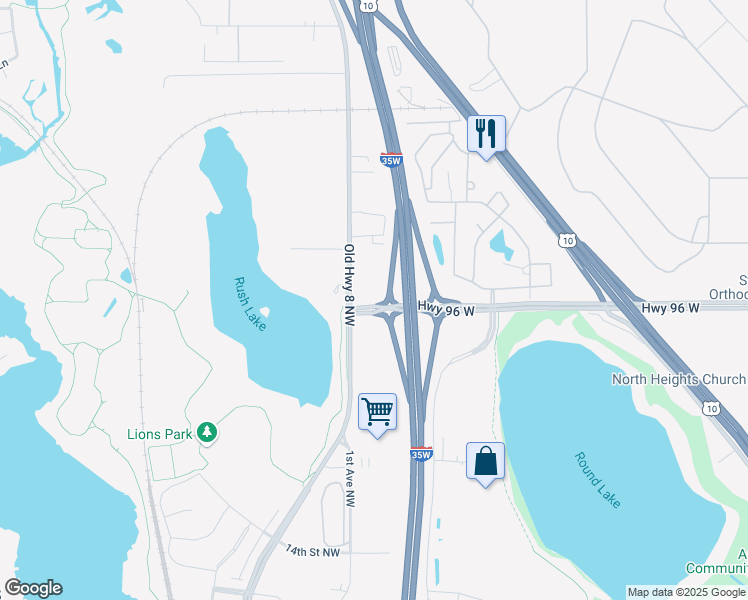 map of restaurants, bars, coffee shops, grocery stores, and more near 2151 Highway 96 West in New Brighton