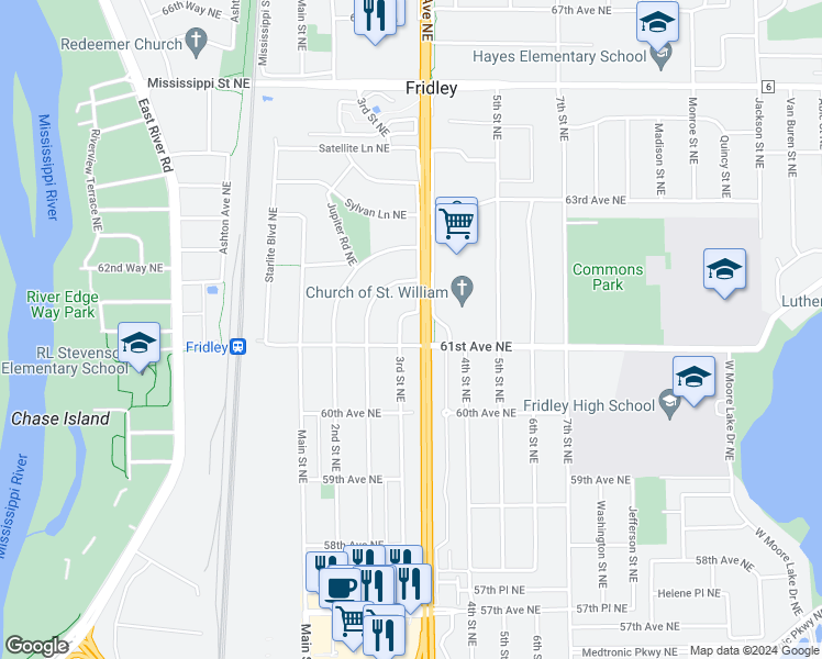 map of restaurants, bars, coffee shops, grocery stores, and more near 6111 Star Lane Northeast in Minneapolis