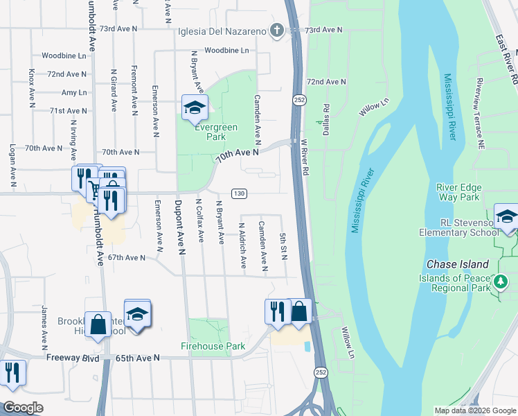 map of restaurants, bars, coffee shops, grocery stores, and more near 601 69th Avenue North in Brooklyn Center