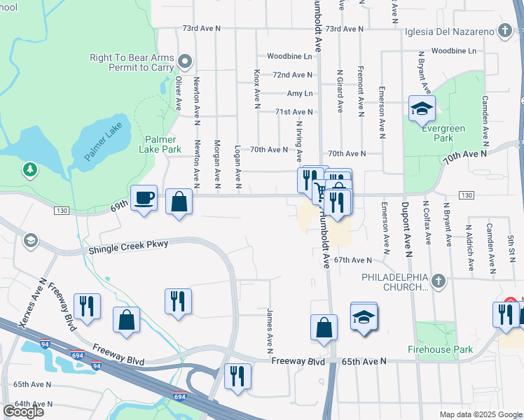 map of restaurants, bars, coffee shops, grocery stores, and more near 1719 County Road 130 in Brooklyn Center