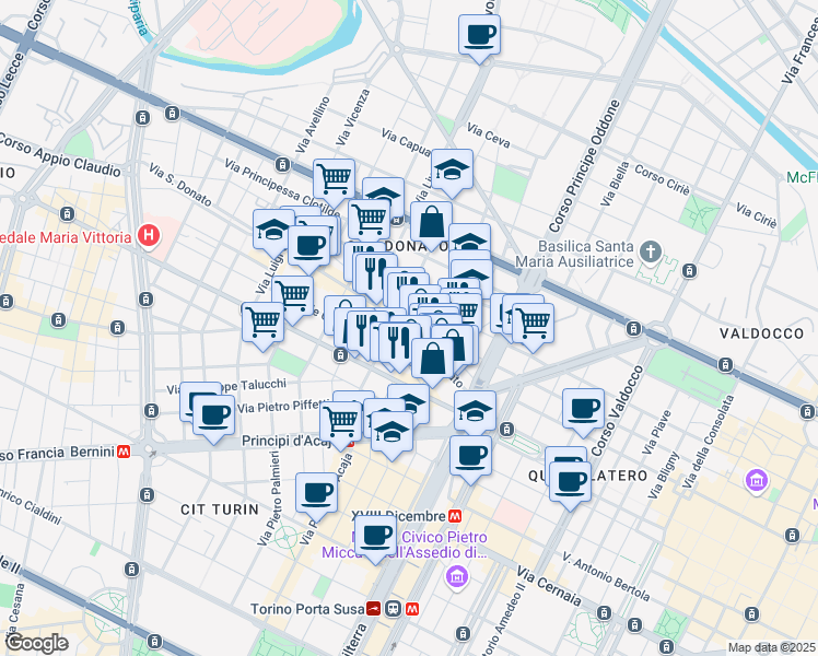 map of restaurants, bars, coffee shops, grocery stores, and more near 22 Via San Donato in Turin