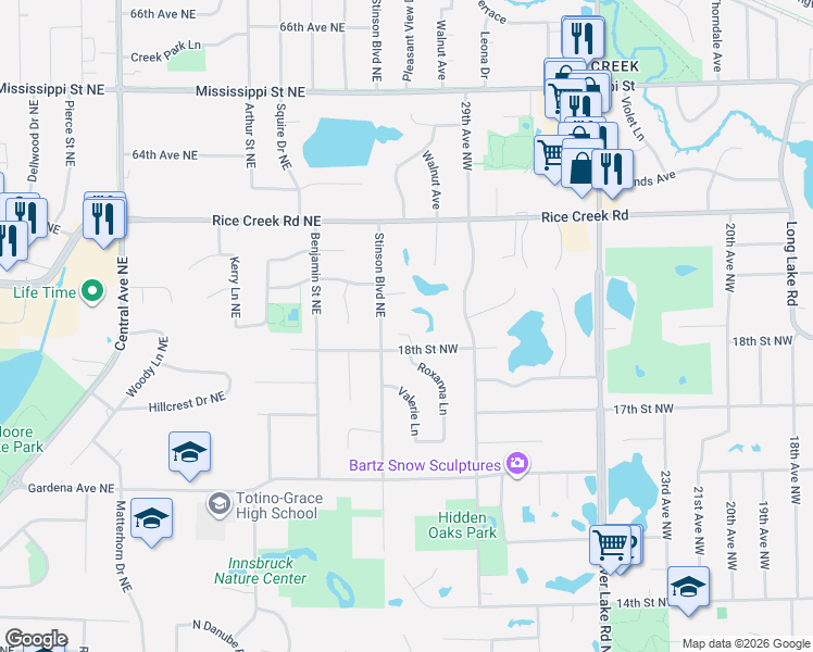 map of restaurants, bars, coffee shops, grocery stores, and more near 3040 18th Street Northwest in New Brighton
