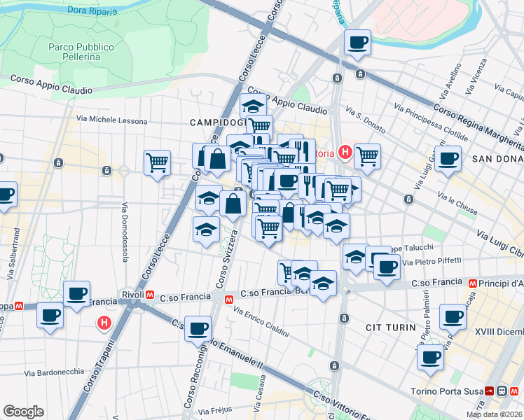 map of restaurants, bars, coffee shops, grocery stores, and more near 6 Via Buronzo in Torino