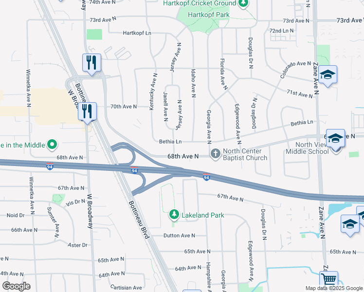 map of restaurants, bars, coffee shops, grocery stores, and more near 6801 Bethia Lane in Brooklyn Park