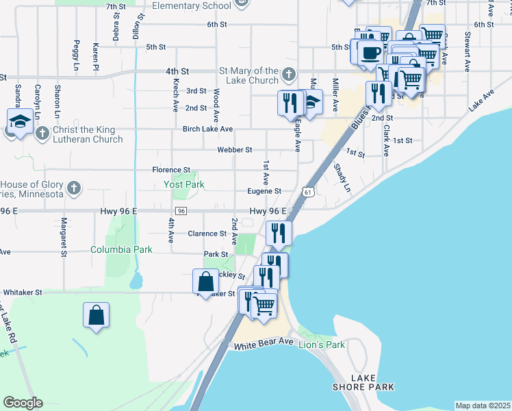 map of restaurants, bars, coffee shops, grocery stores, and more near 1959 County Highway 96 in White Bear Lake