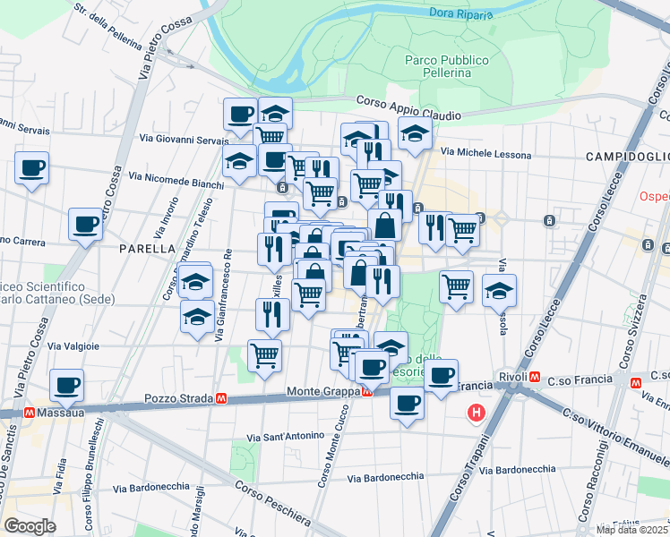 map of restaurants, bars, coffee shops, grocery stores, and more near 46a Via Vittorio Asinari di Bernezzo in Torino