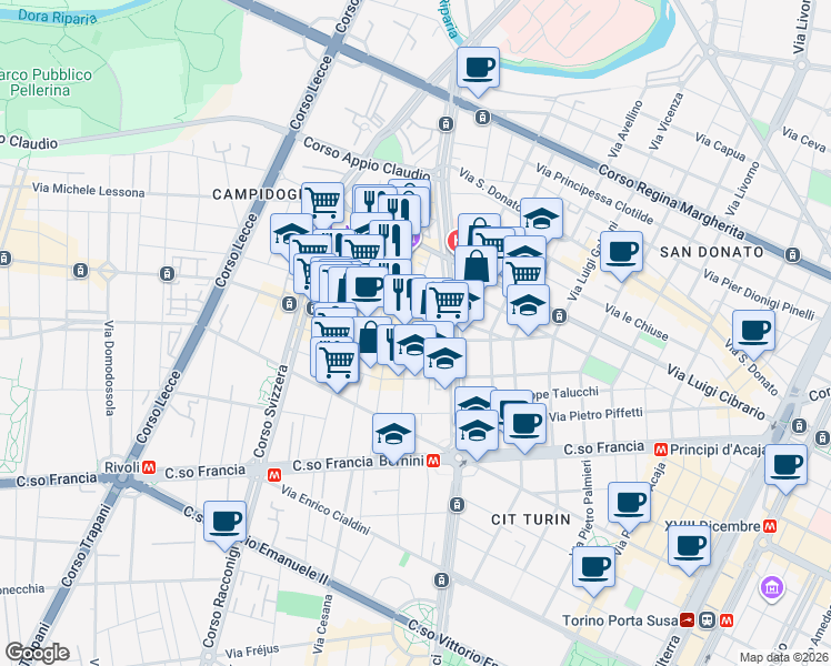 map of restaurants, bars, coffee shops, grocery stores, and more near 10 Via Nicola Fabrizi in Turin