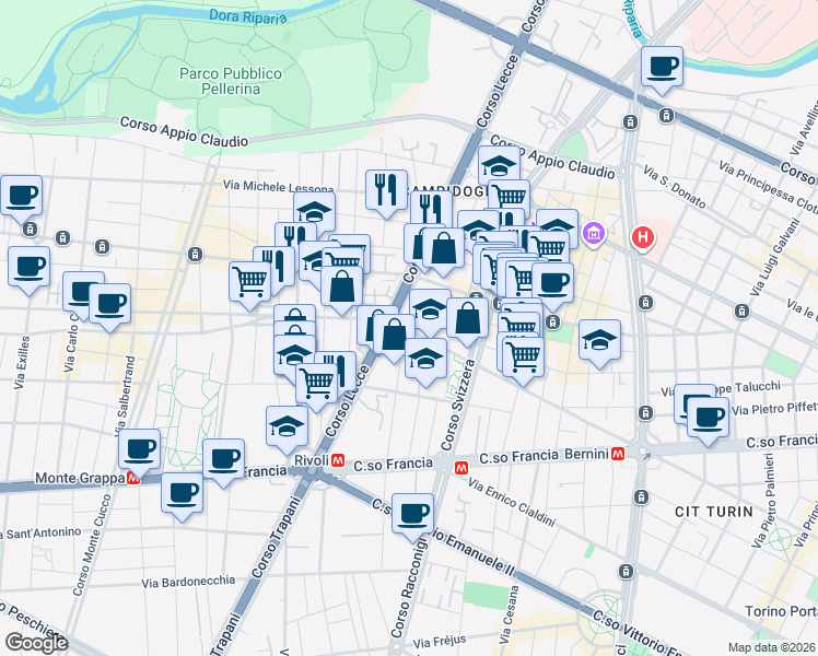 map of restaurants, bars, coffee shops, grocery stores, and more near 66 Via Giacomo Medici in Torino