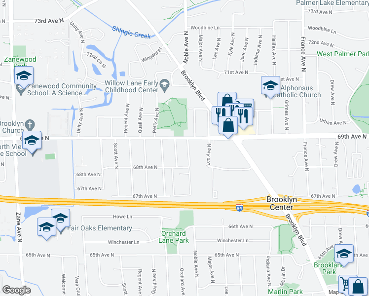 map of restaurants, bars, coffee shops, grocery stores, and more near 6825 Noble Avenue North in Minneapolis
