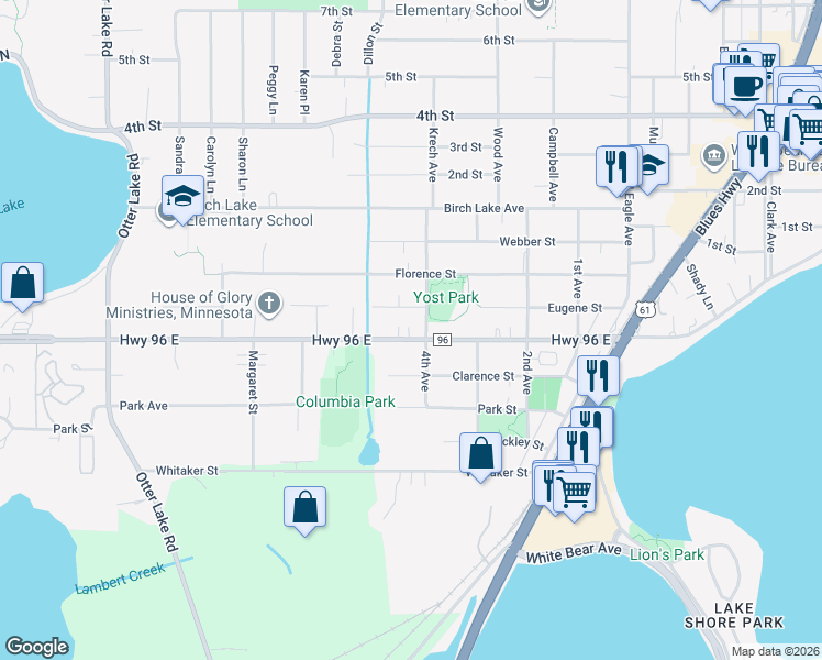 map of restaurants, bars, coffee shops, grocery stores, and more near 1825 Highway 96 East in Saint Paul