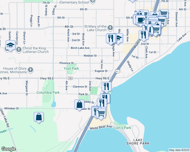 map of restaurants, bars, coffee shops, grocery stores, and more near 1959 County Highway 96 in White Bear Lake